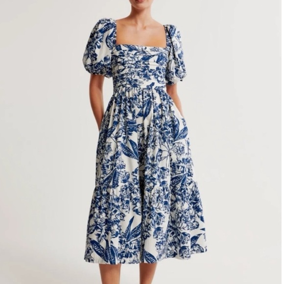 Abercrombie & Fitch Emerson Poplin Puff Sleeve Midi Dress - Picture 1 of 16
